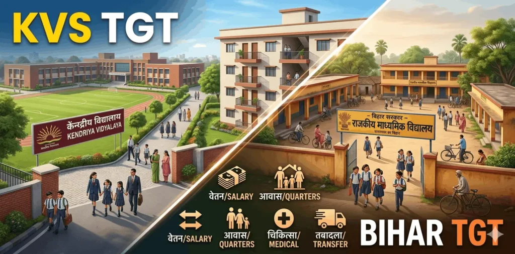 KVS TGT aur Bihar TGT ke beech salary, family quarter aur facilities ka comparison dikhati ek infographic image