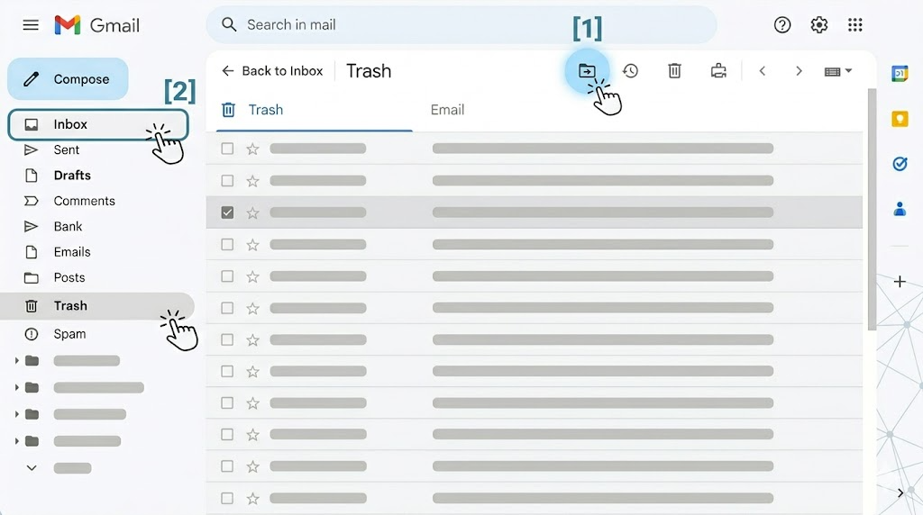 ज़ीमेल इंटरफ़ेस का स्क्रीनशॉट जहां 'ट्रैश' फोल्डर से ईमेल डिलीट करने का तरीका दिखाया गया है.
