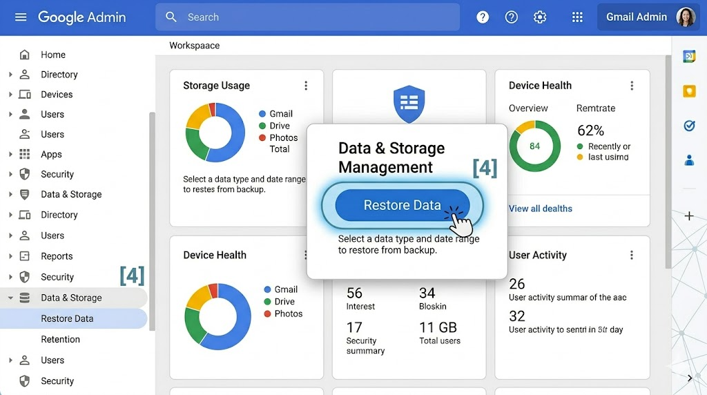 Google Admin Console dashboard with Restore Data option, professional interface