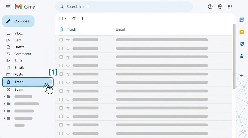Gmail में Trash folder highlighted दिखाया गया है जहाँ delete emails जाते हैं