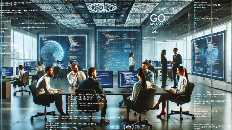 Diverse software developers discussing top programming languages like Python, JavaScript, and Go in a modern high-tech workspace